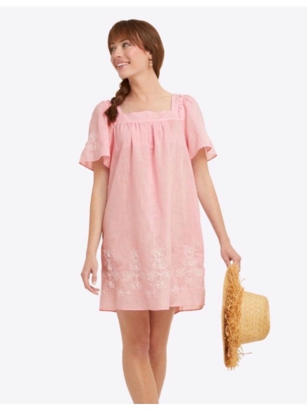 Draper James Soft Pink Embroidered Square-Neck mini dress 100%cotton